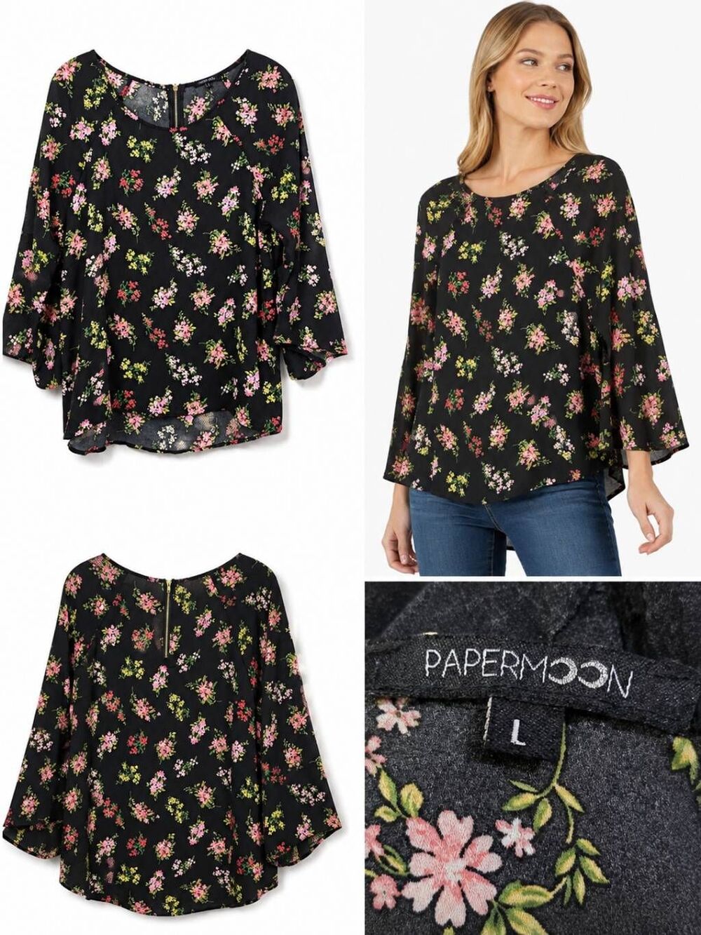 Papermoon Black Floral Long Sleeve Blouse Back Zip L